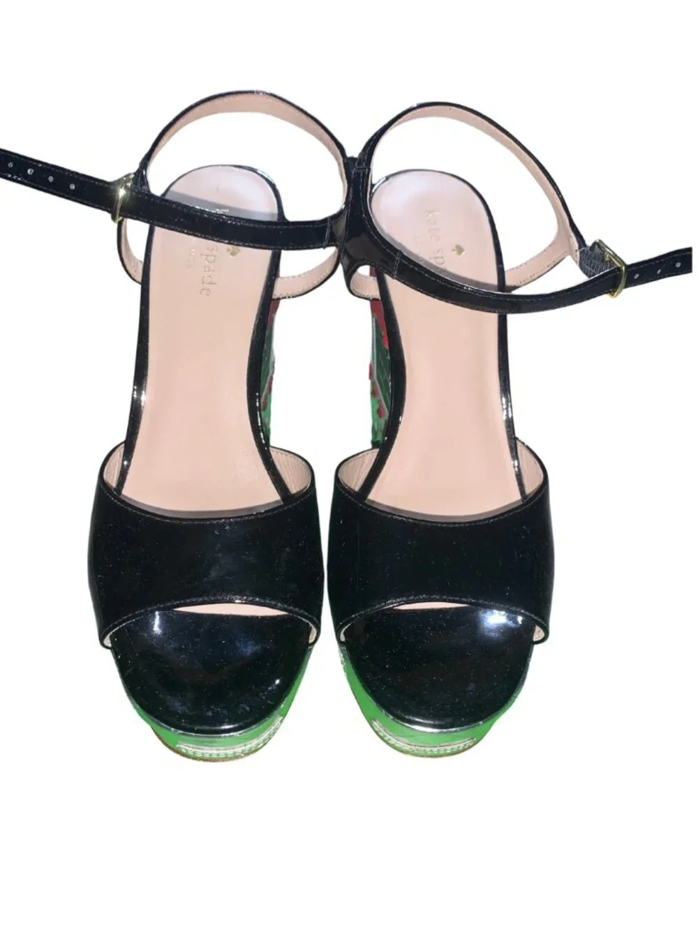 Kate Spade Taco Truck Dora Wedge Platform Sandals  Black Patent Sz8 - Pre Loved